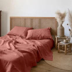 Carré Blanc Drap de lit lin lavé Songe terre cuite| Draps De Lit