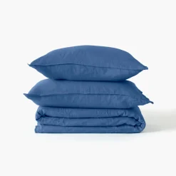 Carré Blanc Drap de lit lin lavé Songe bleu de chine| Draps De Lit