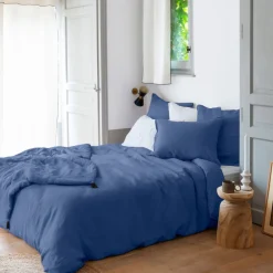Carré Blanc Edredon lin lavé Songe bleu de chine| Plaids Et Couvre-lits|Plaids