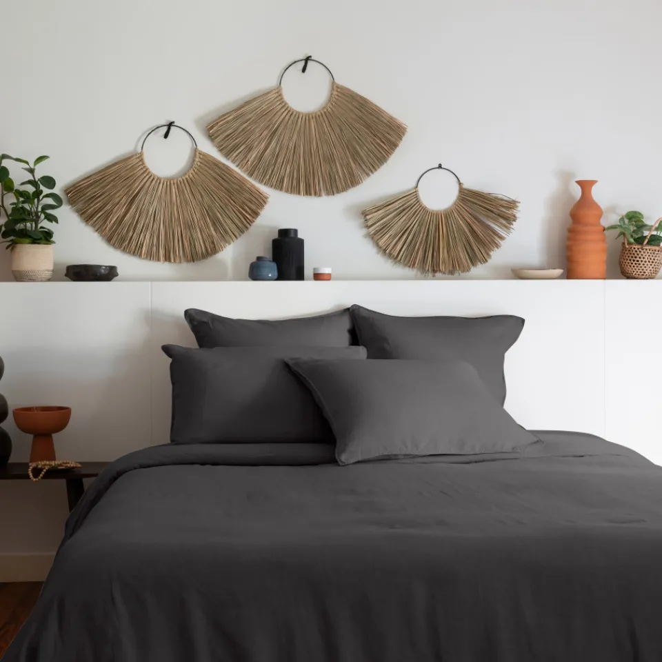 Carré Blanc Housse de couette lin et coton lavé Songe charbon| Housses De Couette
