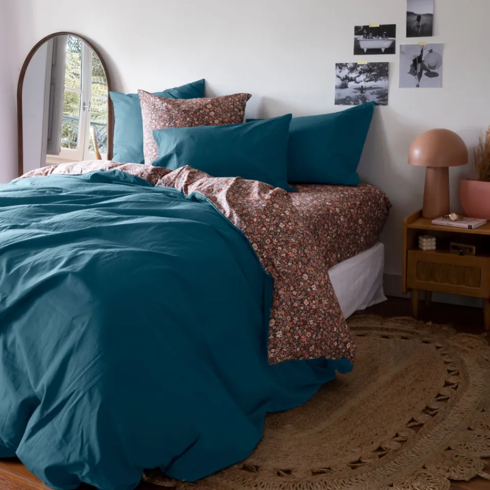 Carré Blanc Housse de couette percale de coton Neo Bleu Prusse Floral| Housses De Couette