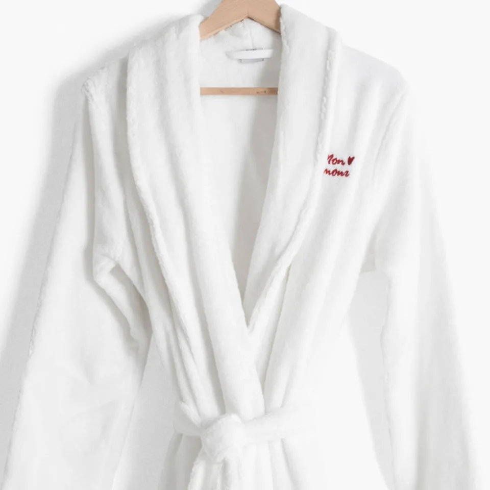 Carré Blanc Peignoir femme coton col châle Amours blanc|Femme Peignoirs Femme