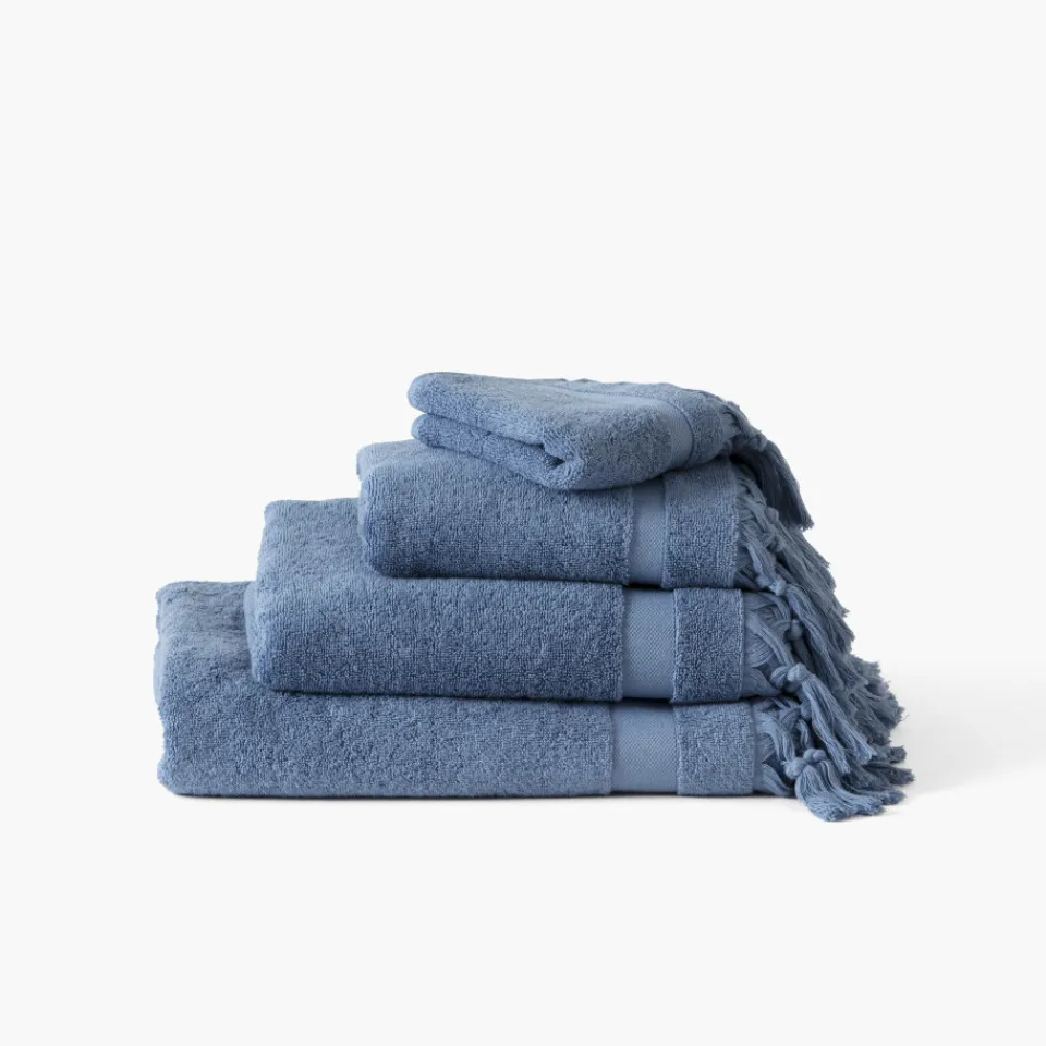 Carré Blanc Serviette de toilette bouclette de coton Madeleine indigo| Serviettes De Toilette