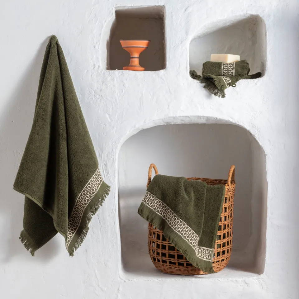 Carré Blanc Serviette de toilette coton Villasol vert kaki| Serviettes De Toilette