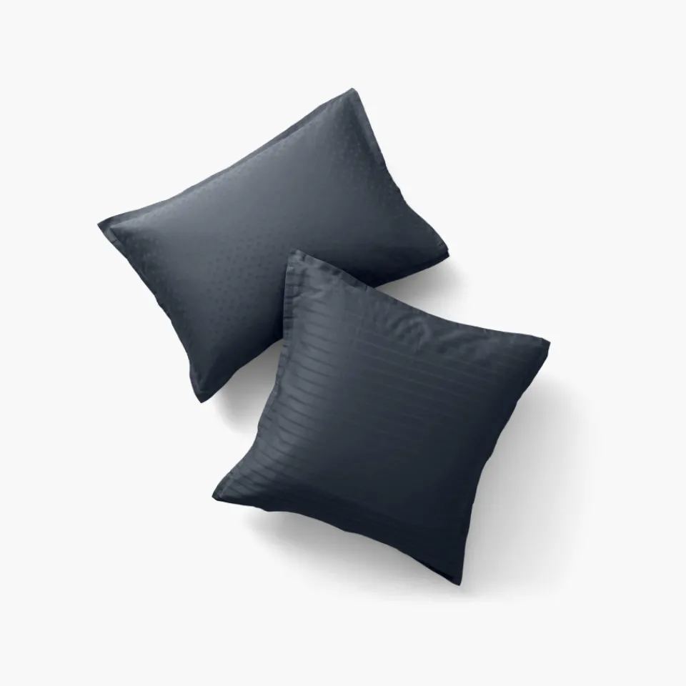 Carré Blanc Taie d'oreiller carrée satin de coton jacquard pois et rayures Prestige bleu nuit| Taies D’oreiller